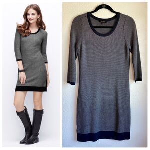Ann Taylor Micro Check 3/4 Sleeve Navy Sweater Dress with Button Detail Size S
